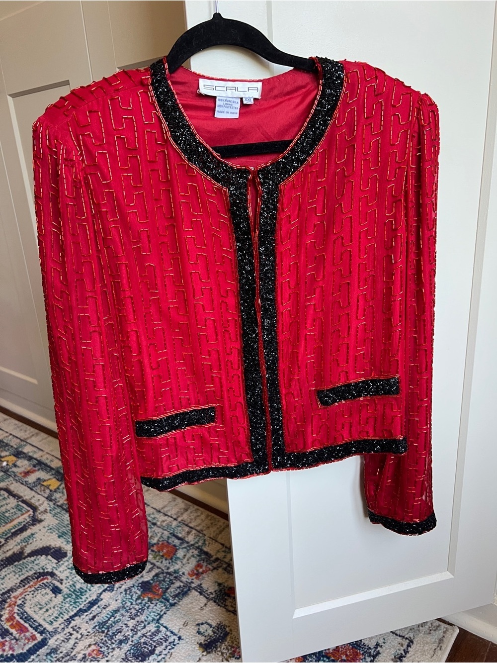 Vintage Scala 100% Silk Beaded Red and Black Jacket Size XXL
